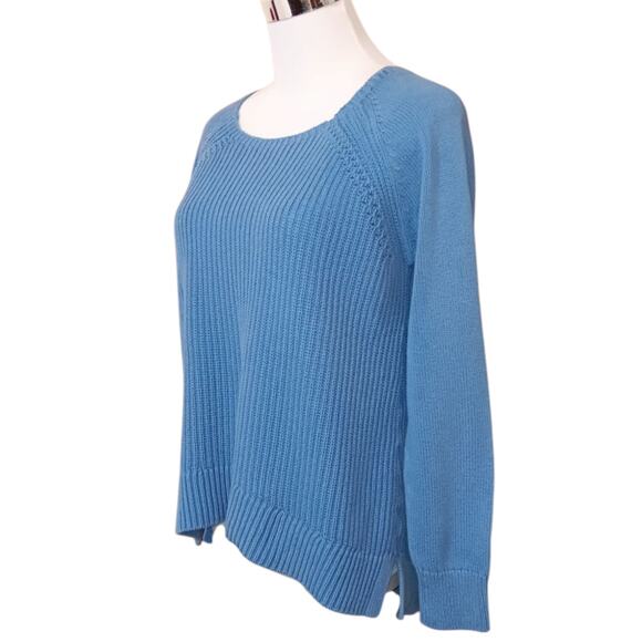 LOFT Cableknit Sweater M Cotton High Low Hem Blue Casual Office Career Event‎ - Picture 2 of 10